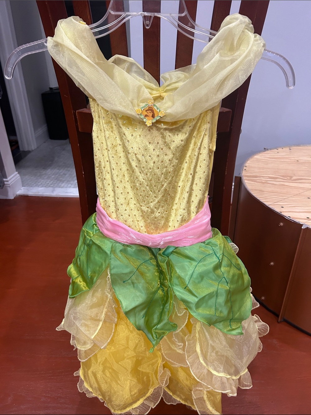 Disney Yellow Fairy Dress with Green Leaf Skirt and Pink Sash